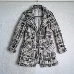 Grace Chuang NY Womens Jacket Coat S Black White Silver Thread Fringe Tailored